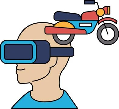 A man wearing a virtual reality headset is looking at a motorcycle Stock Illustration