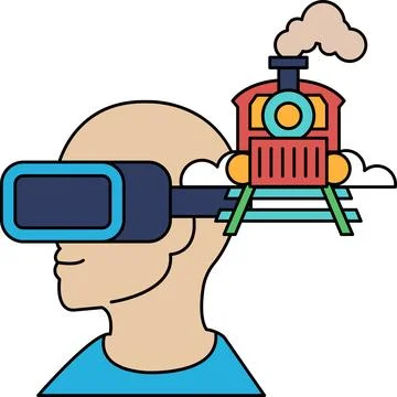 A man wearing a virtual reality headset is looking at a train Stock Illustration