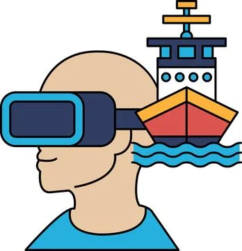A man wearing a virtual reality headset is looking at a boat Stock Illustration