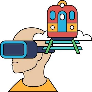 A man wearing a virtual reality headset is looking at a train Stock Illustration