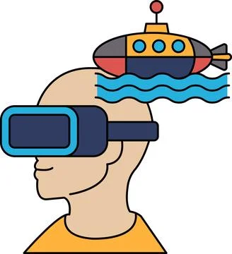A man wearing a virtual reality headset is looking at a submarine Stock Illustration