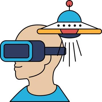 A man wearing a virtual reality headset is looking up at a spaceship Illustrazione stock