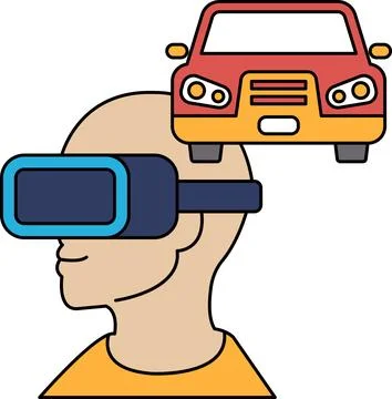 A man wearing a virtual reality headset is looking at a car Stock Illustration