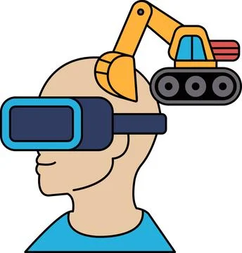 A man wearing a virtual reality headset is looking at a machine Stock Illustration