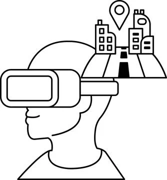 A man wearing a virtual reality headset is looking at a cityscape Ilustración de archivo