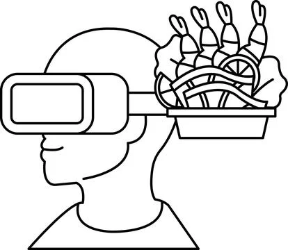 A man wearing a virtual reality headset with a tray of food on his head Stock Illustration