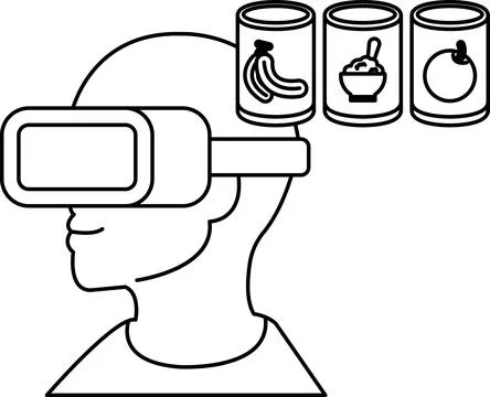 A man wearing a virtual reality headset with three cans of food on his head Stock Illustration