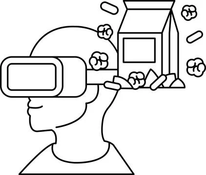 A man wearing a virtual reality headset is holding a box of popcorn Stock Illustration