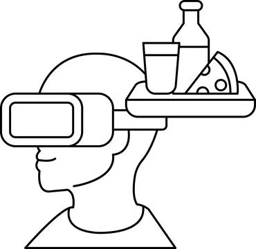 A man wearing a virtual reality headset is holding a tray with a pizza, a b.. Stock Illustration
