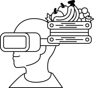 A man wearing a virtual reality headset with a basket of fruit on his head Stock Illustration