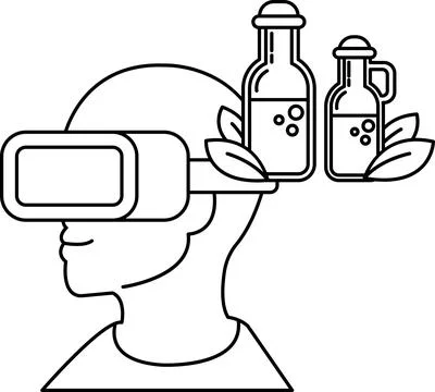 A man wearing a virtual reality headset is looking at two bottles of liquid Stock Illustration