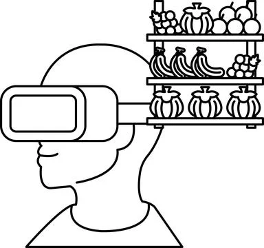 A man wearing a virtual reality headset is looking at a shelf full of fruit Stock Illustration