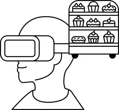 A man wearing a virtual reality headset is looking at a display of cupcakes Stock Illustration