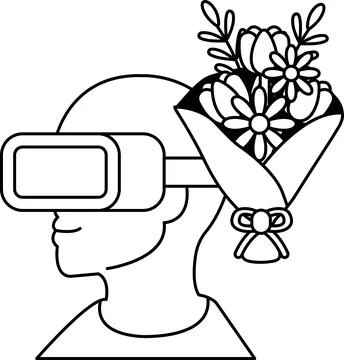 A man wearing a virtual reality headset with a bouquet of flowers on his head Stock Illustration