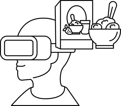 A man wearing a virtual reality headset with a bowl of ice cream in his head Stock Illustration