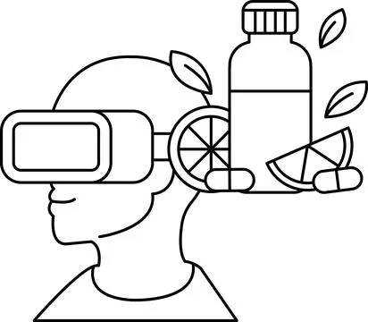 A man wearing a virtual reality headset is surrounded by a variety of items Stock Illustration