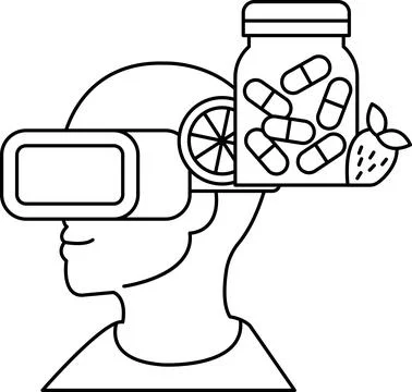 A man wearing a virtual reality headset is holding a jar of pills Stock Illustration