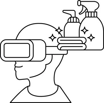A man wearing a virtual reality headset is holding a bottle of cleaning spray Stock Illustration
