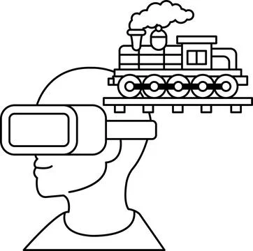 A man wearing a virtual reality headset is looking at a train Stock Illustration