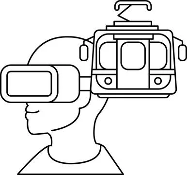 A man wearing a virtual reality headset is looking up at a train Stock Illustration