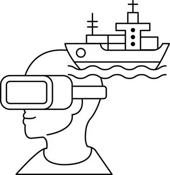 A man wearing a virtual reality headset is looking at a ship Stock Illustration