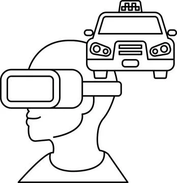 A man wearing a virtual reality headset is looking at a car Stock Illustration