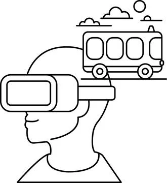A man wearing a virtual reality headset is looking at a bus Stock Illustration