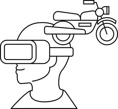 A man wearing a virtual reality headset is looking at a motorcycle Stock Illustration