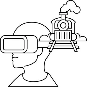A man wearing a virtual reality headset is looking at a train Stock Illustration