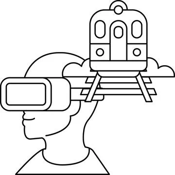 A man wearing a virtual reality headset is looking at a train Stock Illustration
