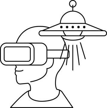 A man wearing a virtual reality headset is looking up at a spaceship Illustrazione stock