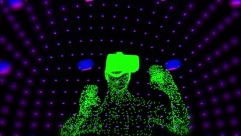 Man Wearing VR Glasses in Digital Cyber World Animation. Virtual  Reality. Stock Footage 223089072