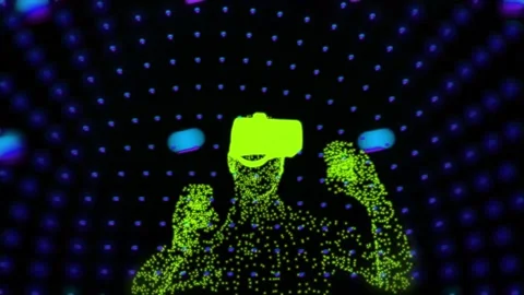 Man Wearing VR Glasses in Digital Cyber World Animation. Virtual  Reality. Stock Footage 223089085