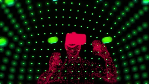Man Wearing VR Glasses in Digital Cyber World Animation. Virtual  Reality. Stock Footage 223089087