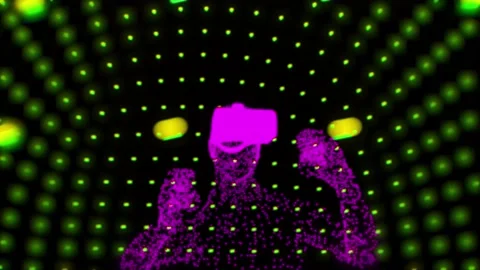 Man Wearing VR Glasses in Digital Cyber World Animation. Virtual  Reality. Stock Footage 223089090