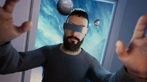 Man Wearing VR Glasses Flying Through Door into Virtual Reality into Space Nebul Stock Footage 239461680