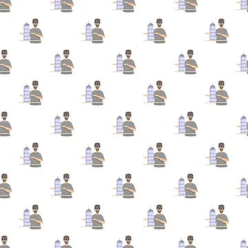 Man wearing vr glasses interacting with virtual skyscrapers pattern Stock Illustration