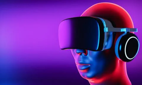 Man wearing VR goggles to enter metaverse or digital virtual world. Virtual.. Stock Illustration