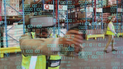 Man wearing VR headset aiming scanner, moving aisles scanning racks, binary Video stock 333510016