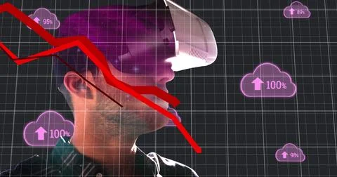 Man wearing VR headset analyzing data with futuristic cloud technology graphics Stock Illustration