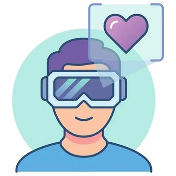 Man wearing VR headset with digital heart flat outline icon. Stock Illustration