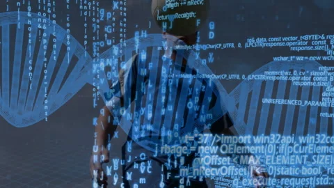 Man wearing VR headset exploring virtual biotech grid with DNA helix and code Stock Footage 307455084