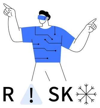 A man wearing a VR headset, gesturing with both hands, circuitry pattern on h Stock Illustration
