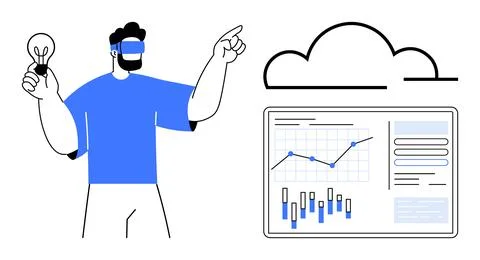Man wearing VR headset holds lightbulb and points at cloud with data analytic Illustrazione stock