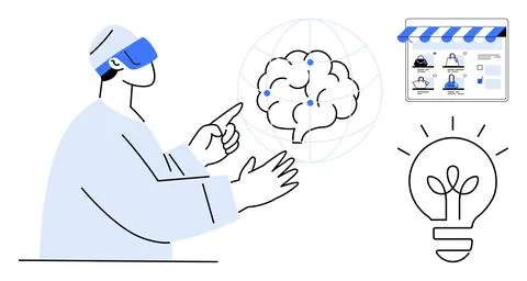 Man wearing VR headset interacting with virtual brain, shop banner with profi Stock Illustration