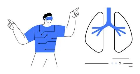 Man wearing a VR headset interacts with a virtual representation of human lun Stock Illustration