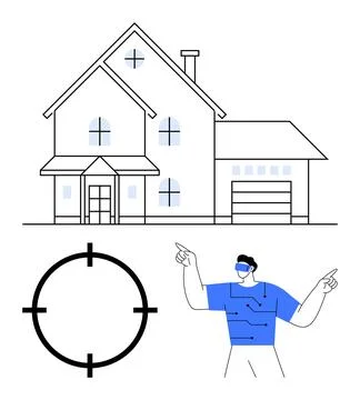 Man wearing VR headset pointing at target around a house. Ideal for real esta Stock Illustration