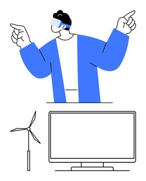Man Wearing VR Headset Pointing Upward with Wind Turbine and Large Screen D.. Illustrazione stock