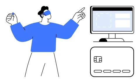 Man wearing VR headset, pointing and holding object, interacts with digital i Stock Illustration