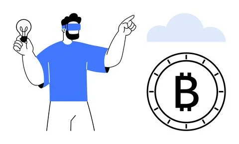Man wearing VR headset points towards Bitcoin symbol in front of cloud while  Illustrazione stock